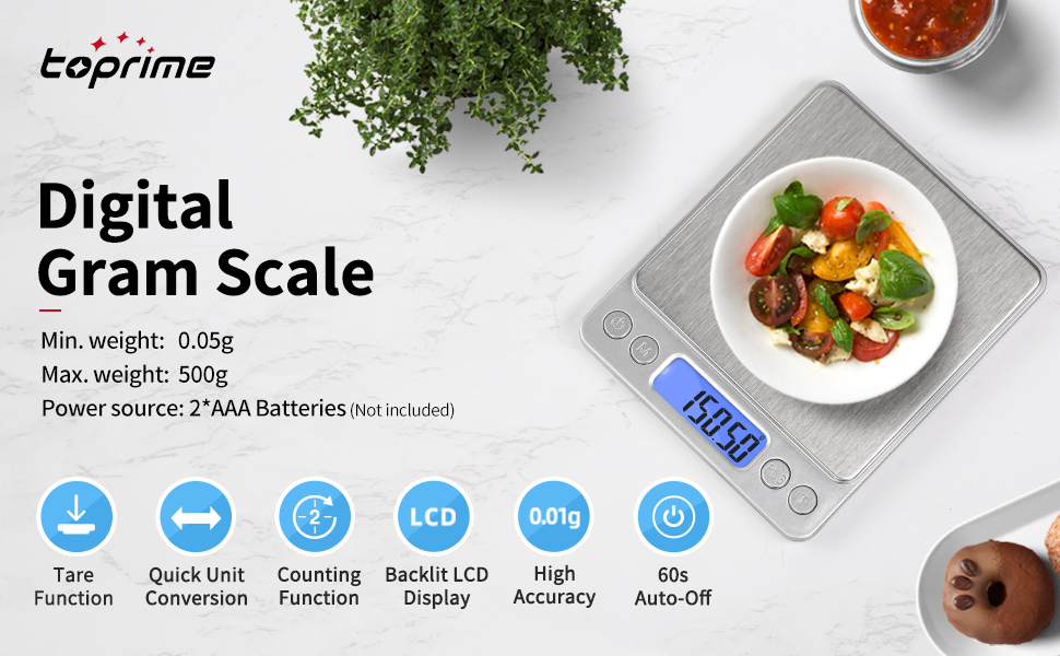 Toprime Digital Gram Scale 500g 0.01g Food Scale High Precision Kitchen Scale Multifunctional Stainless Steel Pocket Scale with Back-Lit LCD Display Tare PCS Features Silver