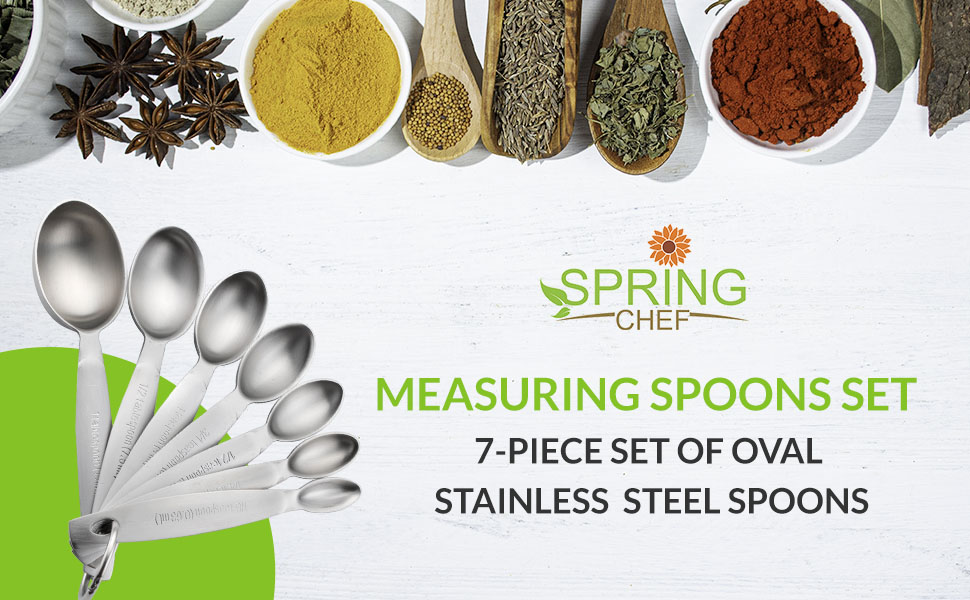 Spring Chef Stainless Steel Measuring Spoons Set of 7, Oval Metal Teaspoon & Tablespoon Measuring Spoons - Nesting Kitchen Gadgets For Baking & Cooking, Dual Measurements - Dry & Liquid Ingredients