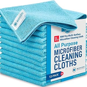 MW PRO Microfiber Cleaning Cloths Blue (12 Pack, 12x12) - Commercial Janitorial Towels & Lint Free Rags - Heavy Duty for Auto Detailing, Glass Windows, Housekeeping & Screens - Washable 300+ Times