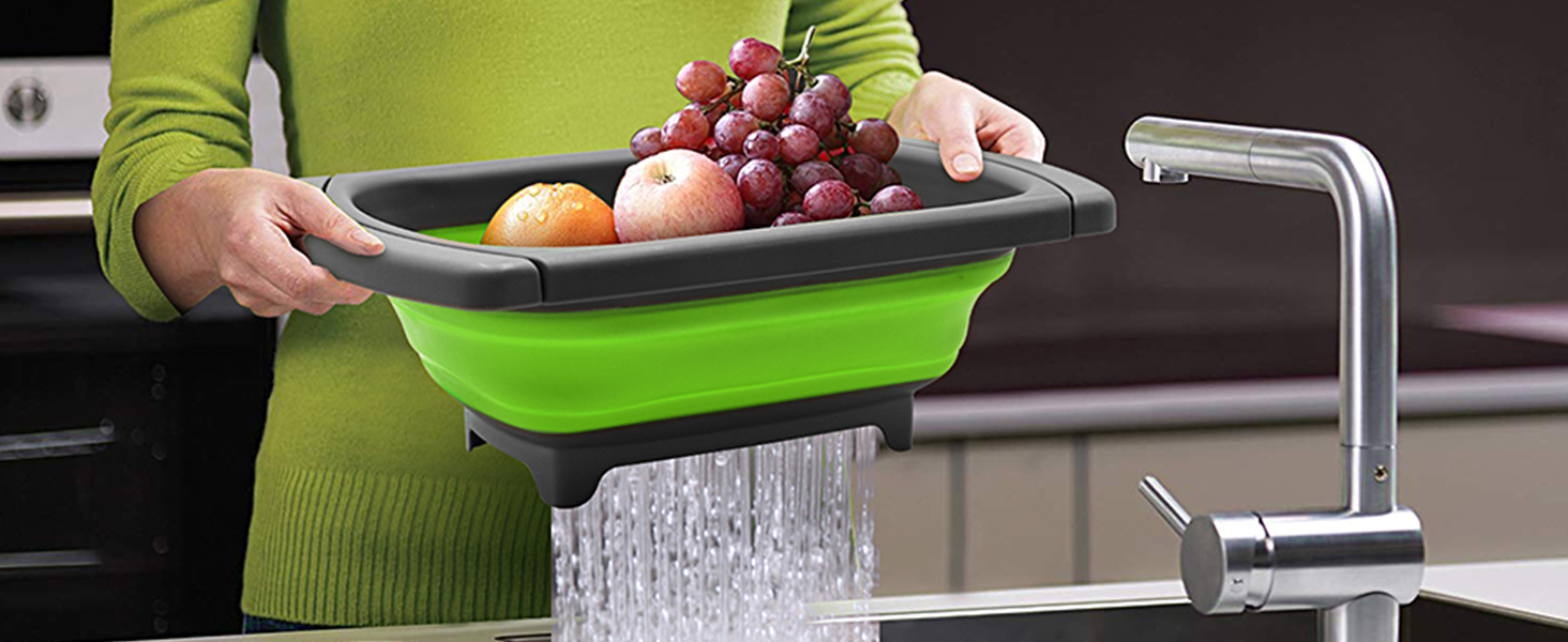 Qimh Colander collapsible, Colander Strainer Over The Sink Vegetable Fruit Strainer Basket (6 Quart) with Extendable Handles, New Kitchen Essentials