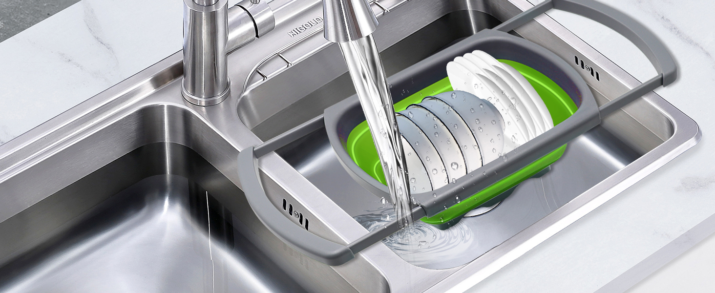 Qimh Colander collapsible, Colander Strainer Over The Sink Vegetable Fruit Strainer Basket (6 Quart) with Extendable Handles, New Kitchen Essentials