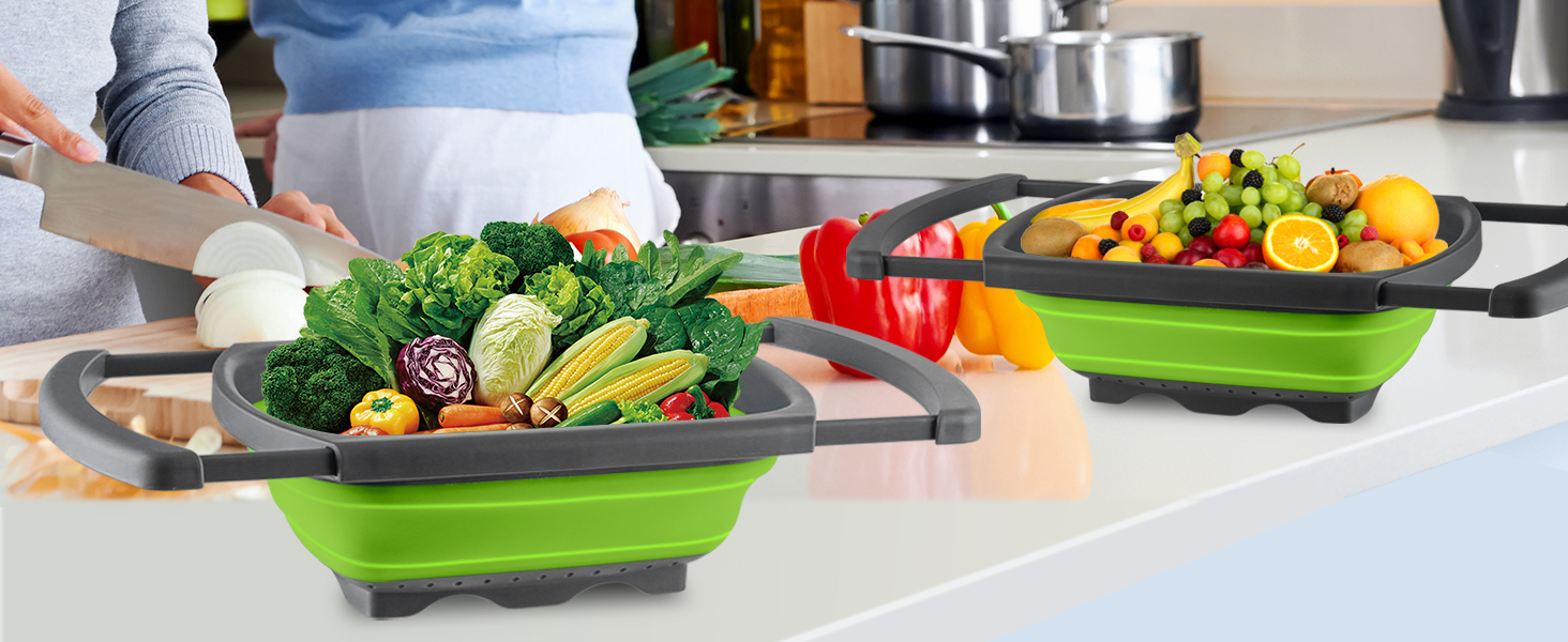 Qimh Colander collapsible, Colander Strainer Over The Sink Vegetable Fruit Strainer Basket (6 Quart) with Extendable Handles, New Kitchen Essentials