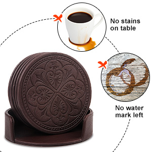 Drink Coasters,PU Leather Bar Beer Beverage Coaster for Drinks Set of 6 with Holder Coasters for Wooden Table Coffee Table Absorbent, Easy Clean Cup Coaster Easter Housewarming Gifts