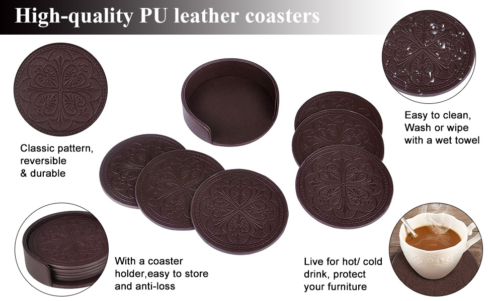 Drink Coasters,PU Leather Bar Beer Beverage Coaster for Drinks Set of 6 with Holder Coasters for Wooden Table Coffee Table Absorbent, Easy Clean Cup Coaster Easter Housewarming Gifts