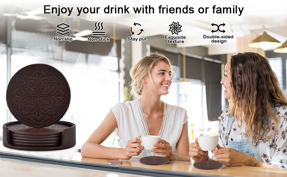 Drink Coasters,PU Leather Bar Beer Beverage Coaster for Drinks Set of 6 with Holder Coasters for Wooden Table Coffee Table Absorbent, Easy Clean Cup Coaster Easter Housewarming Gifts