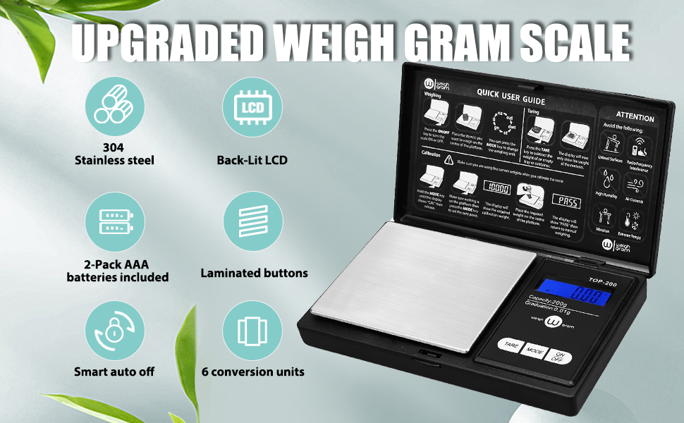 Weigh Gram 200g Digital Pocket Gram Scale 0.01g Accuracy, 200g x 0.01g Mini Digital Grams Scale, Small Food Scale, Jewelry Scale, Ounces Grains Scale With100g Calibration Weight