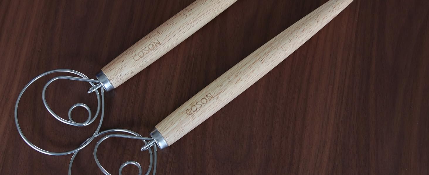 Pack of 2 Danish Dough Whisk, Kitchen Baking Flour Mixing Tool for Sourdough, Bread, Flour Paste, Butter, Pancake, Pizza, Cake, Pastry, Biscuits, Wooden Handle Stainless Steel Ring