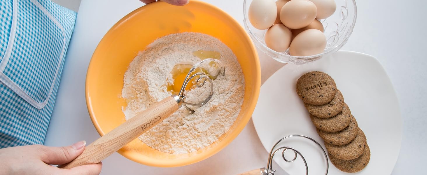 Pack of 2 Danish Dough Whisk, Kitchen Baking Flour Mixing Tool for Sourdough, Bread, Flour Paste, Butter, Pancake, Pizza, Cake, Pastry, Biscuits, Wooden Handle Stainless Steel Ring