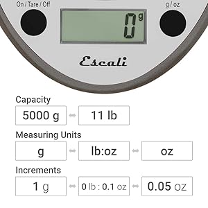 San Jamar Escali Digital Kitchen Scale, 11 lb Capacity, Tare Function, Precise Readout, Compact 8.5