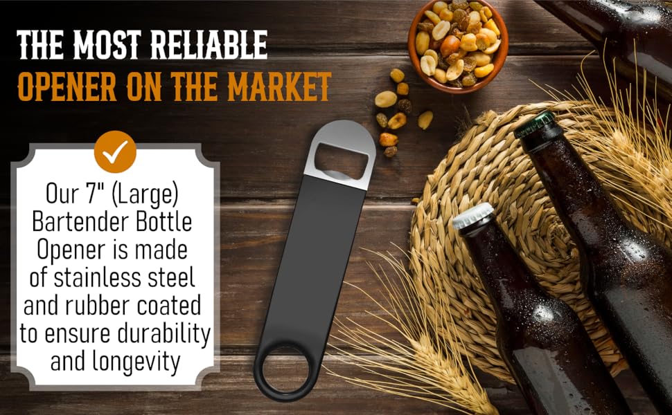 Bartender Bottle Openers, Beer Bottle Openers, Speed Openers 3 Pack by Premium Cold One. Professional Grade: Rubber Coated, Stainless Steel. Large, 7 inch