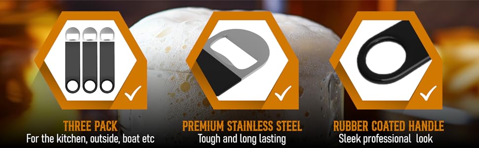 Bartender Bottle Openers, Beer Bottle Openers, Speed Openers 3 Pack by Premium Cold One. Professional Grade: Rubber Coated, Stainless Steel. Large, 7 inch