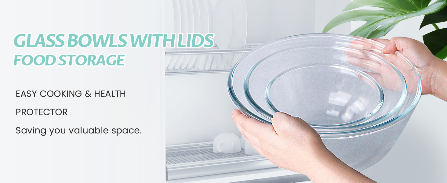 Luvan Glass Mixing Bowls with Lids Set(4.5QT, 2.7QT, 1.1QT)-Large Glass Mixing Bowls, Clear Salad Bowl for Baking, Cooking, Serving, Food Prep, 3PC Nesting Bowls for Kitchen Storage & Dishwasher Safe