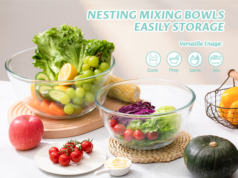 Luvan Glass Mixing Bowls with Lids Set(4.5QT, 2.7QT, 1.1QT)-Large Glass Mixing Bowls, Clear Salad Bowl for Baking, Cooking, Serving, Food Prep, 3PC Nesting Bowls for Kitchen Storage & Dishwasher Safe