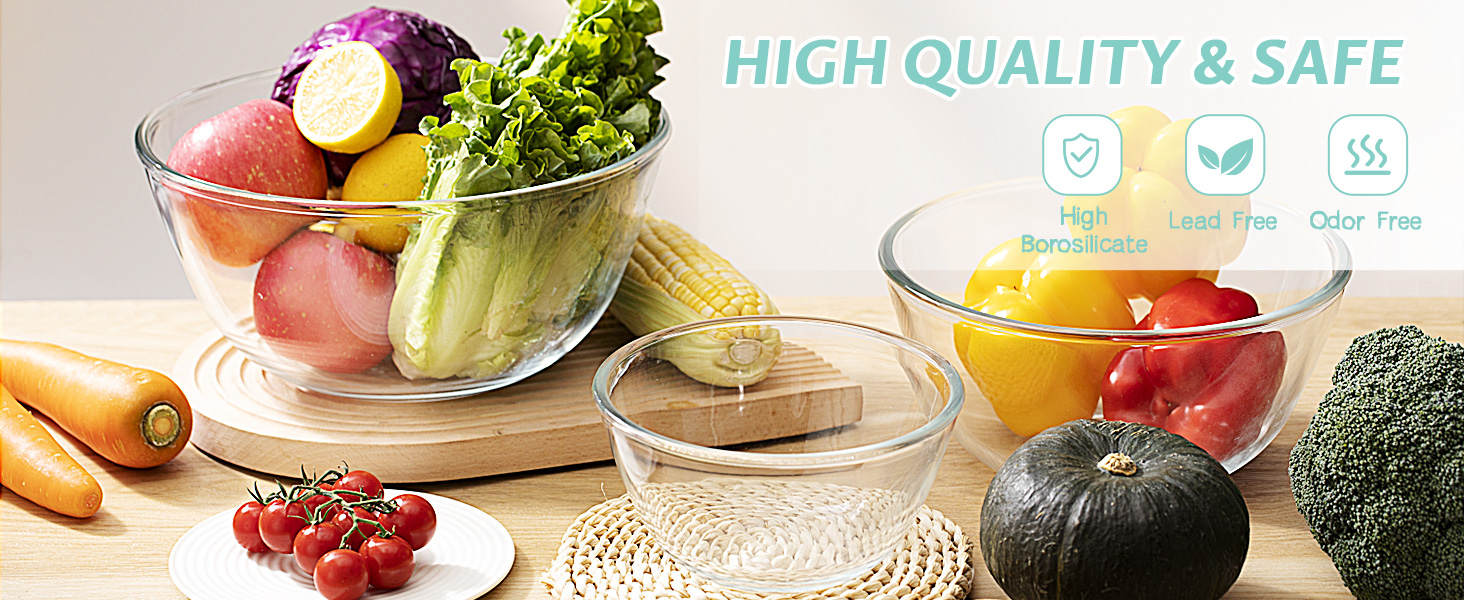 Luvan Glass Mixing Bowls with Lids Set(4.5QT, 2.7QT, 1.1QT)-Large Glass Mixing Bowls, Clear Salad Bowl for Baking, Cooking, Serving, Food Prep, 3PC Nesting Bowls for Kitchen Storage & Dishwasher Safe