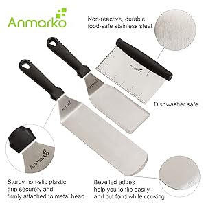 Metal Spatula Stainless Steel and Scraper - Professional Chef Griddle Spatulas Set of 3 - Heavy Duty Accessories Great for Cast Iron BBQ Flat Top Grill Skillet Pan - Commercial Grade
