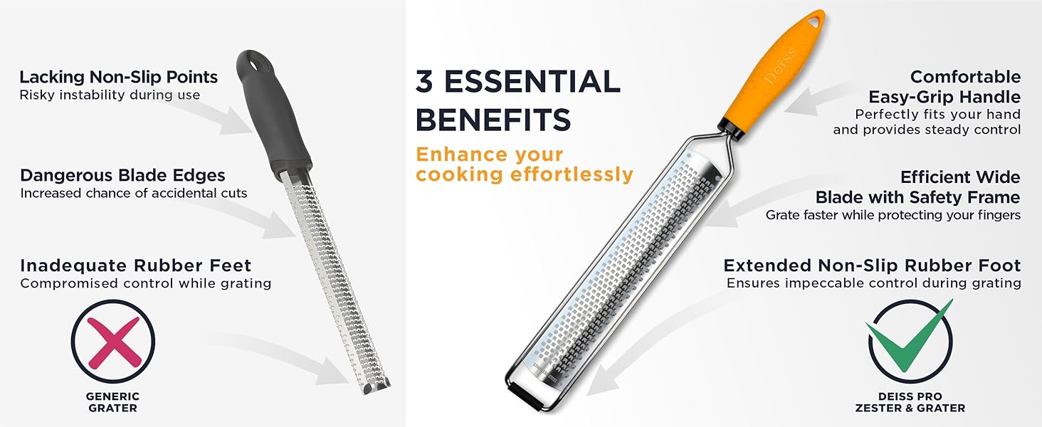 Deiss PRO Lemon Zester & Heavy Duty Cheese Grater & Vegetable Grater - Parmesan Cheese Lemon, Garlic, Nutmeg, Chocolate, Fruits, Vegetables, Ginger Grater - Cheese Shredder & Stainless Steel Grater