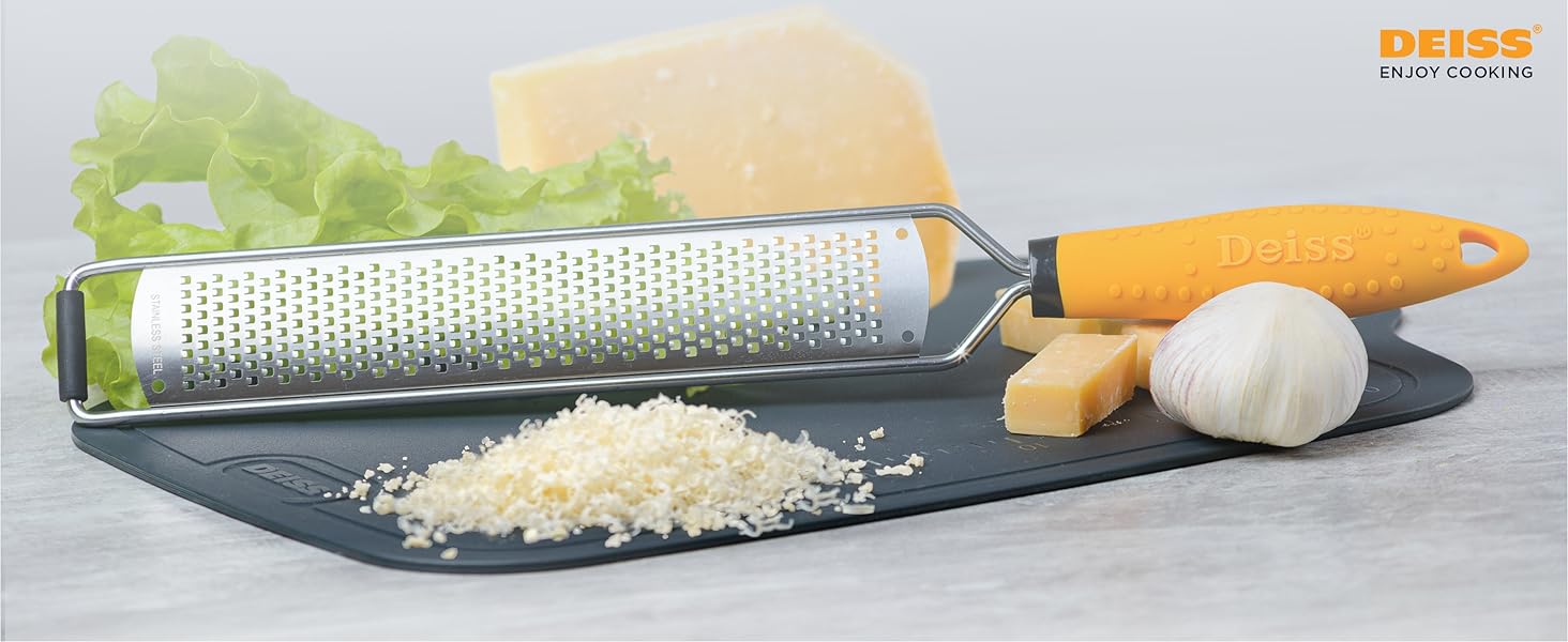 Deiss PRO Lemon Zester & Heavy Duty Cheese Grater & Vegetable Grater - Parmesan Cheese Lemon, Garlic, Nutmeg, Chocolate, Fruits, Vegetables, Ginger Grater - Cheese Shredder & Stainless Steel Grater