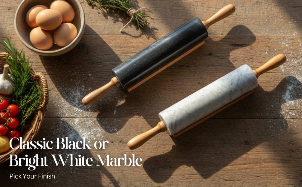 Flexzion Marble Rolling Pin Heavy Nonstick Stone Dough Roller - 10 Inch Polished Barrel with Wooden Handles & Cradle Stand for Baking Pastry Bread Pizza Cookies Pie Crust Pasta Tortillas (White)