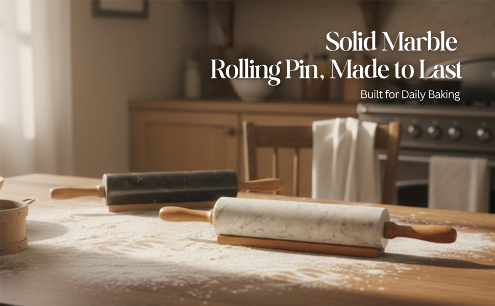 Flexzion Marble Rolling Pin Heavy Nonstick Stone Dough Roller - 10 Inch Polished Barrel with Wooden Handles & Cradle Stand for Baking Pastry Bread Pizza Cookies Pie Crust Pasta Tortillas (White)