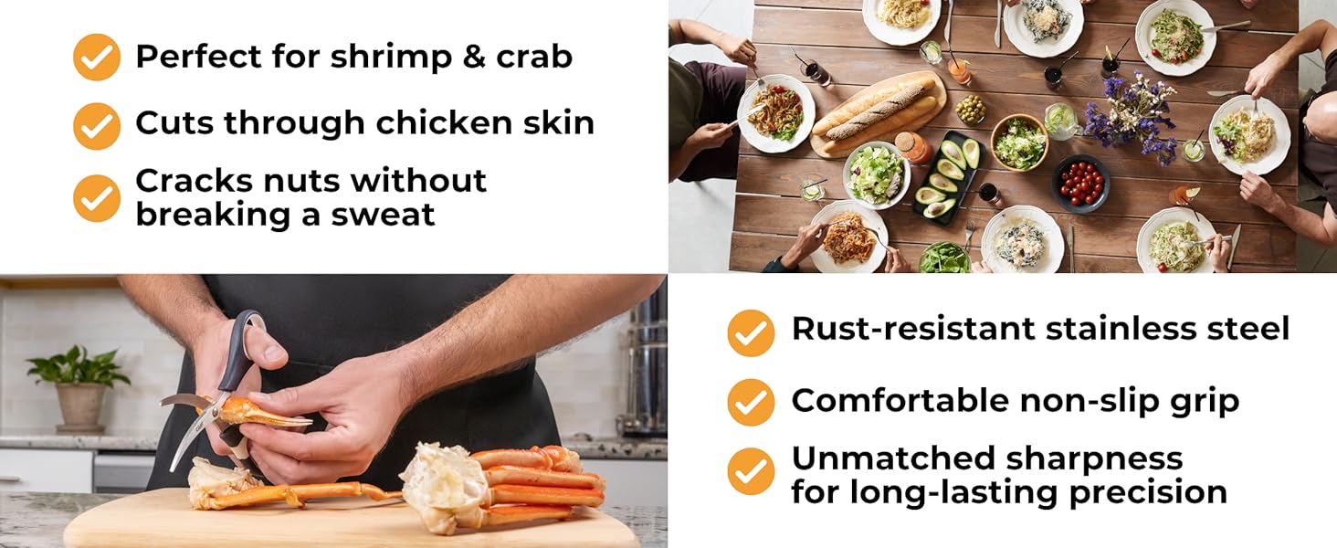 Kitchen Shears by Gidli - Liftime Replacement Warranty* - Includes Seafood Scissors As a Bonus - Heavy Duty Utility Stainless Steel All Purpose Ultra Sharp Scissors for Food/Cooking