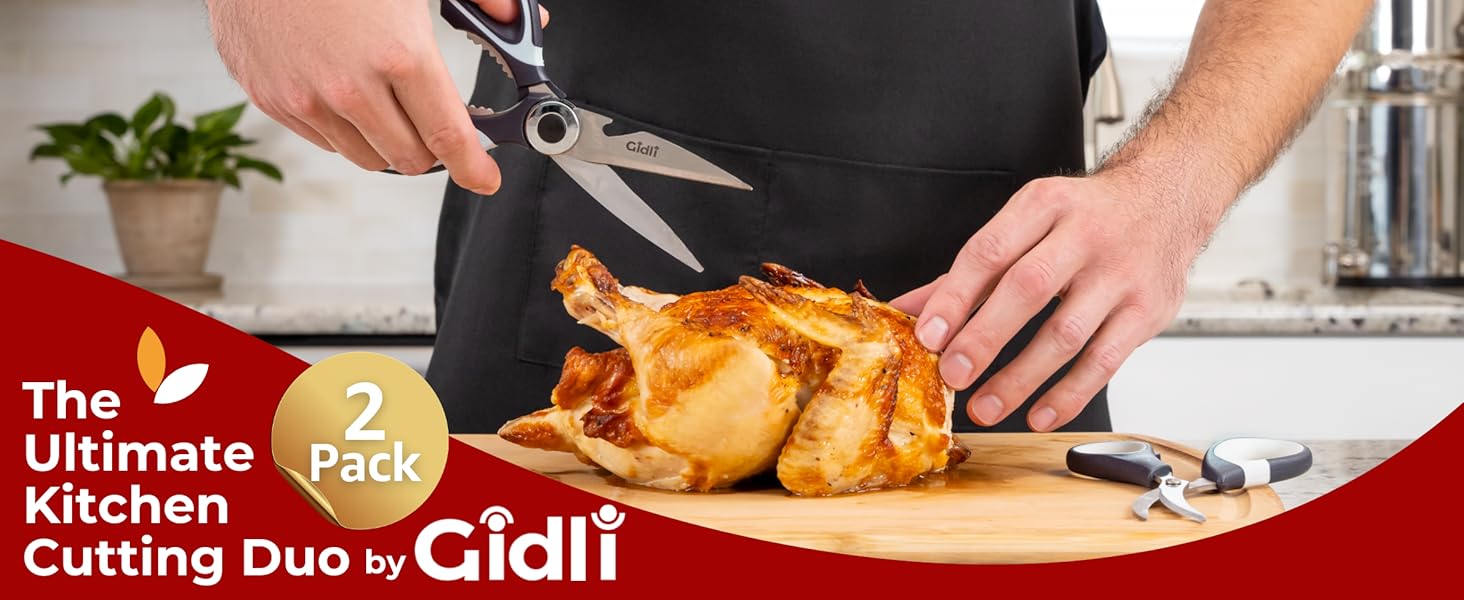 Kitchen Shears by Gidli - Liftime Replacement Warranty* - Includes Seafood Scissors As a Bonus - Heavy Duty Utility Stainless Steel All Purpose Ultra Sharp Scissors for Food/Cooking