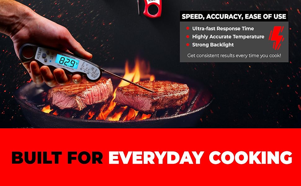 KIZEN Instant Read Meat Thermometer Digital - Food Thermometer for Cooking, Grill, Oven, BBQ - IP67 Rated Waterproof - Large Backlit Display and Magnetic Back