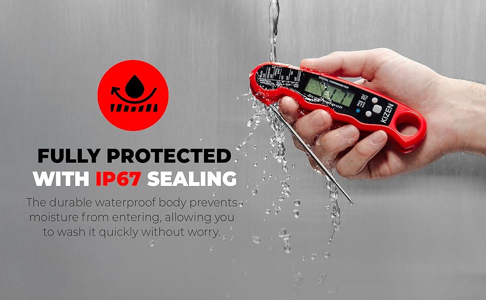 KIZEN Instant Read Meat Thermometer Digital - Food Thermometer for Cooking, Grill, Oven, BBQ - IP67 Rated Waterproof - Large Backlit Display and Magnetic Back