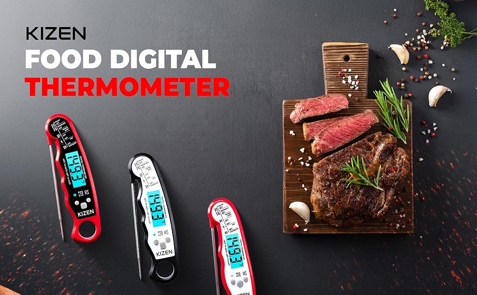 KIZEN Instant Read Meat Thermometer Digital - Food Thermometer for Cooking, Grill, Oven, BBQ - IP67 Rated Waterproof - Large Backlit Display and Magnetic Back