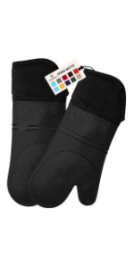 BPA-Free Silicone Oven Mitts Ultra Heat Resistant up to 500°F - Oven Mitts with Thick Cotton Liner - Long Slip Resistant Pot Holders, Flexible Oven Gloves - Black 14.7