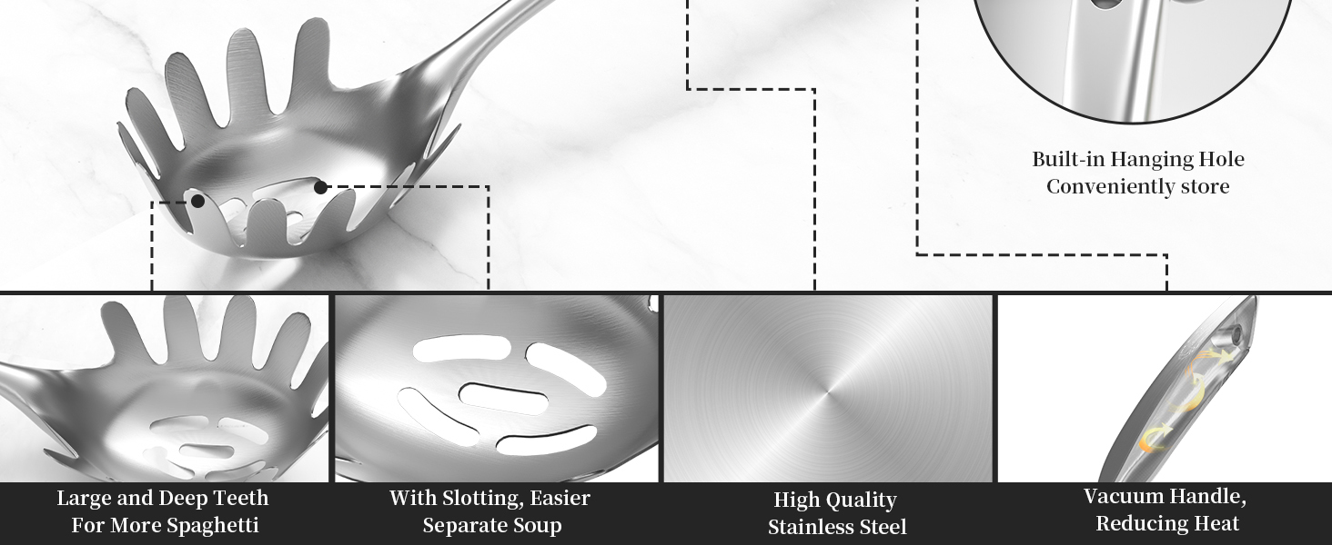 Spaghetti Server, [Rustproof, Integral Forming, Durable] Newness 304 Stainless Steel Pasta Fork with Vacuum Ergonomic Handle, Comfortable Grip Design Spaghetti Server for Kitchen, 14.33 Inches