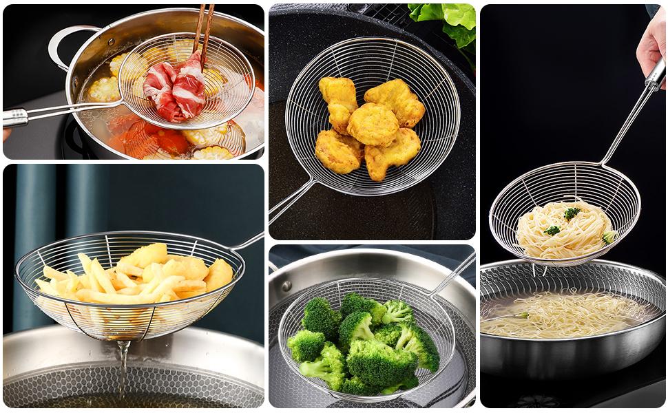 Spider Strainer Set of 3 Asian Strainer Ladle Stainless Steel Wire Skimmer Spoon with Handle for Kitchen Frying Food, Pasta, Spaghetti, Noodle-30.5cm, 32cm, 35cm