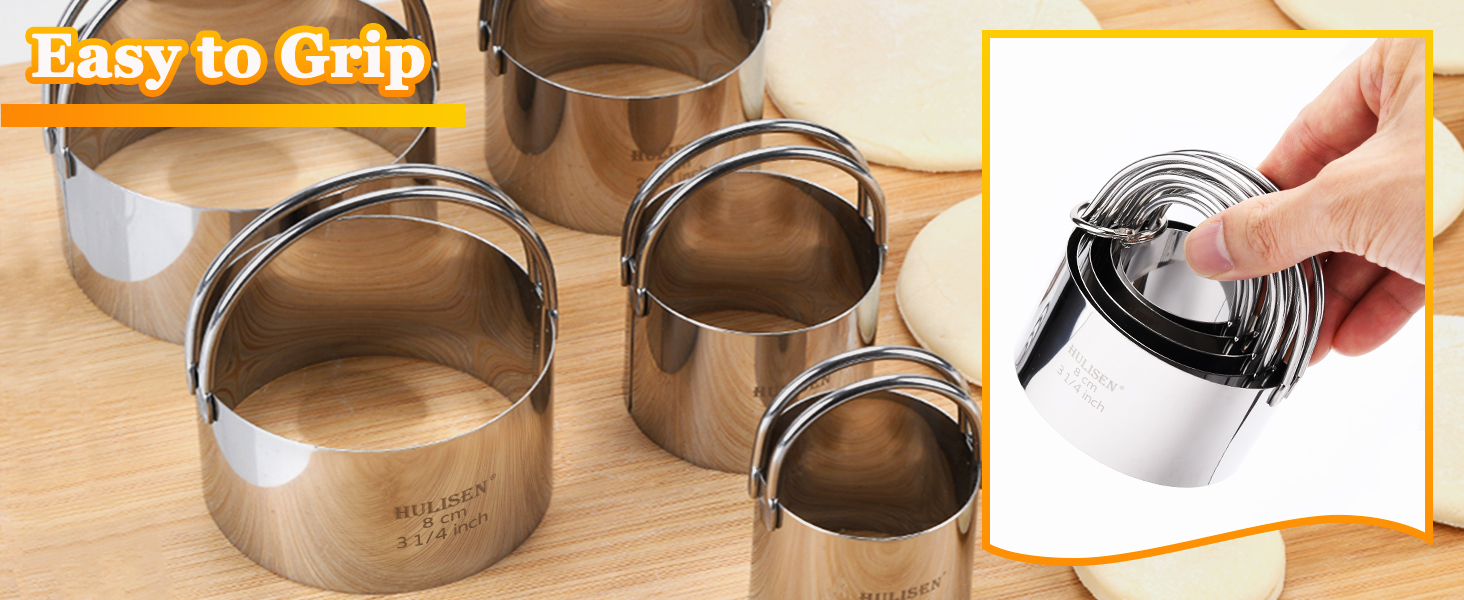 HULISEN Biscuit Cutter Set (5 Pieces/Set), Round Cookies Cutter with Handle, Professional Baking Dough Tools, Gift Package
