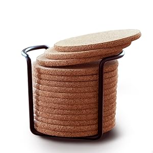 Cork Coasters for Drinks with Metal Holder - 16 Pcs Round 4 inch Drink Coaster Thick Absorbent Heat-Resistant Saucer - Used for Cold Hot Beverages Glasses Mugs Cups Plants Apartment Decor Bar Table