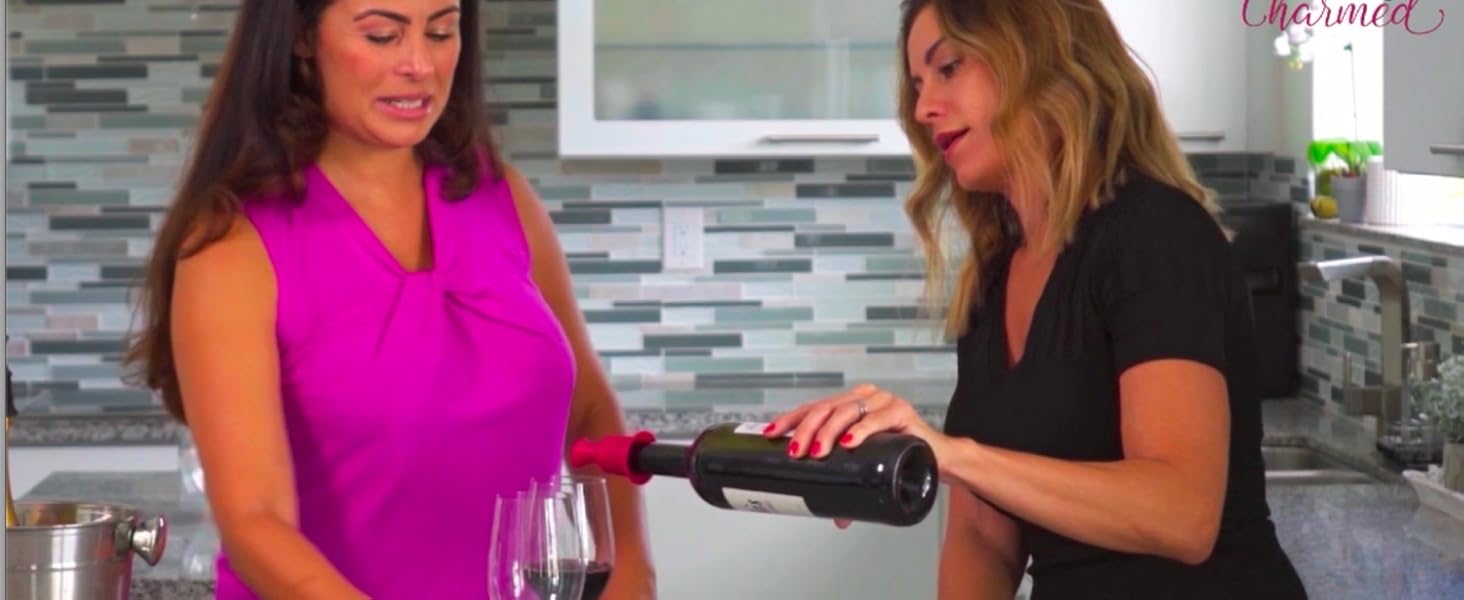Simply Charmed Wine Stopper and Pourer 2 Pack – Pink and Black Silicone Wine Accessories to Serve Wine More Easily