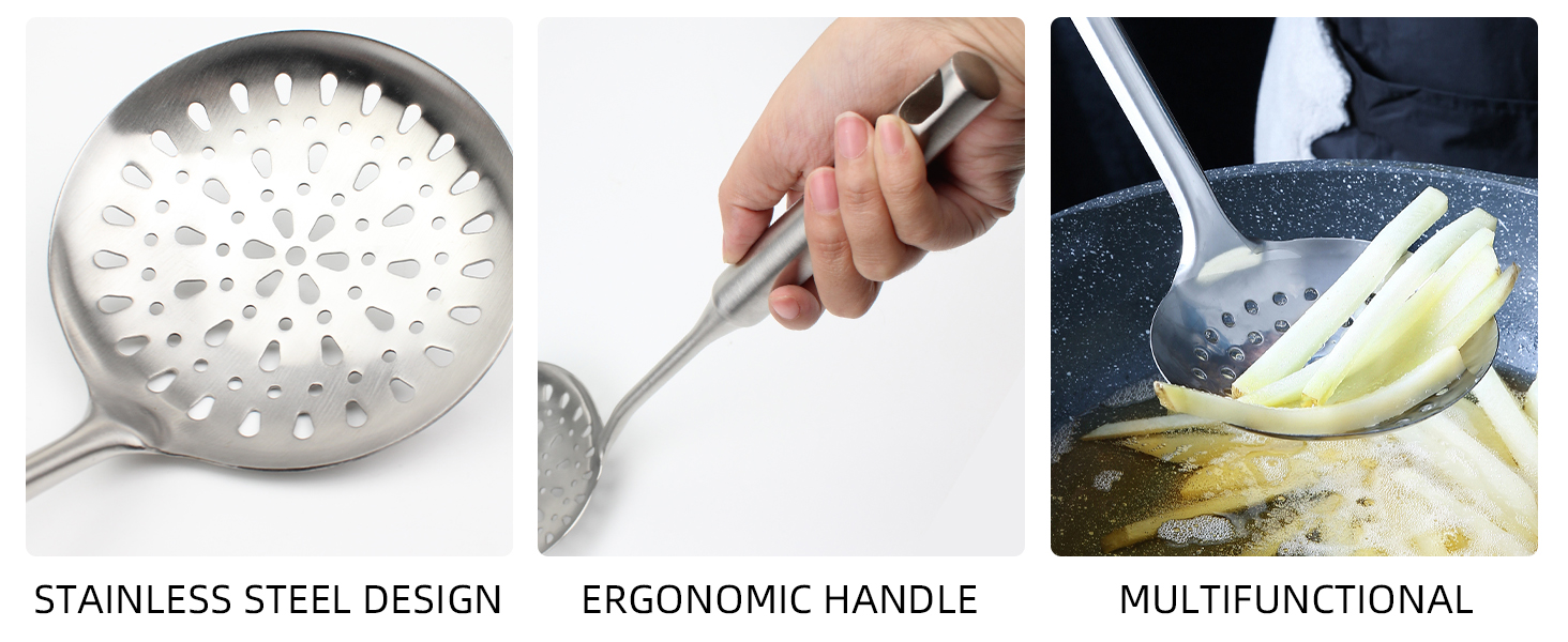 TBWHL Skimmer Slotted Spoon, Slotted Spoons for Cooking, Heavy Duty 304 Stainless Steel Slotted Spoon with Vacuum Ergonomic Handle, Comfortable Grip Design Strainer Ladle for Kitchen, 14.96 Inches