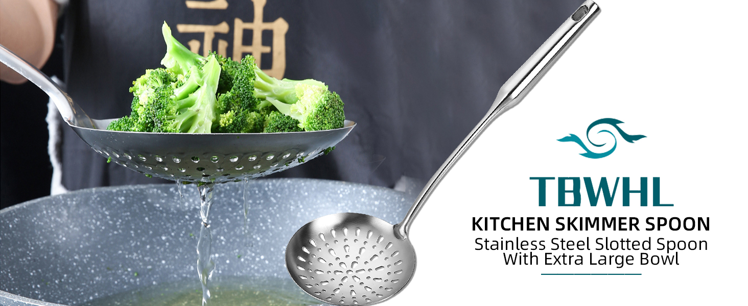 TBWHL Skimmer Slotted Spoon, Slotted Spoons for Cooking, Heavy Duty 304 Stainless Steel Slotted Spoon with Vacuum Ergonomic Handle, Comfortable Grip Design Strainer Ladle for Kitchen, 14.96 Inches