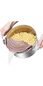 AUOON Clip On Strainer Silicone for All Pots and Pans, Pasta Strainer Clip on Food Strainer for Meat Vegetables Fruit Silicone Kitchen Colander
