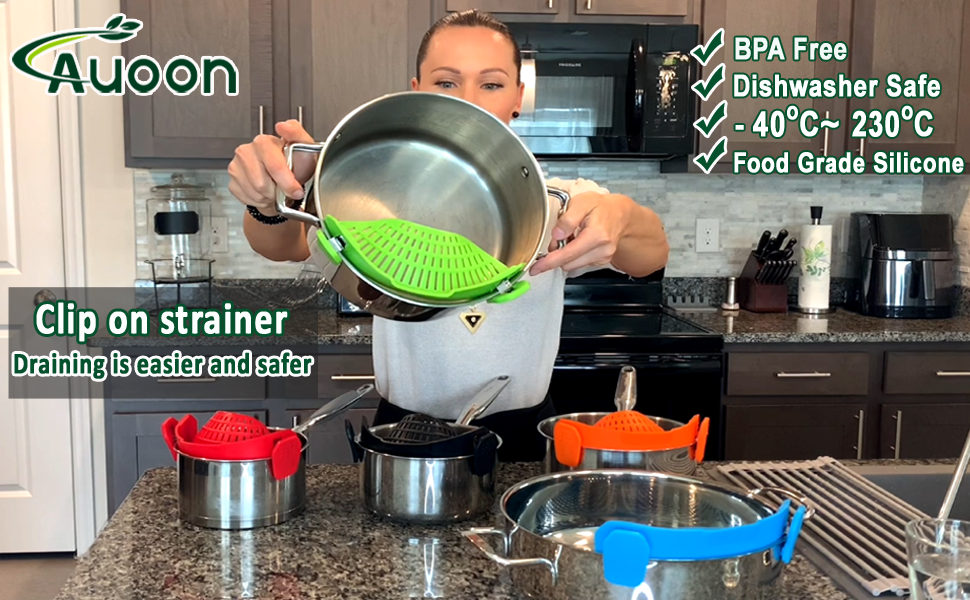 AUOON Clip On Strainer Silicone for All Pots and Pans, Pasta Strainer Clip on Food Strainer for Meat Vegetables Fruit Silicone Kitchen Colander