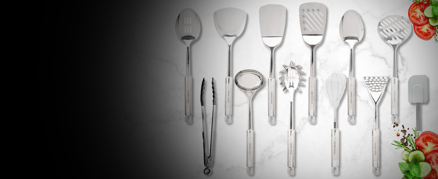 Home Hero 54-Piece Stainless Steel Kitchen Utensils Set - Heat-Resistant Nonstick Silicone & Stainless Steel Cooking Utensils - Complete Tools with Slotted Spoon & Pasta Spoon - Pack of 54, Silver