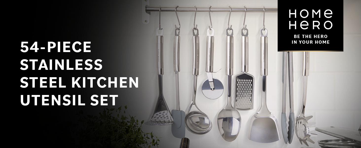 Home Hero 54-Piece Stainless Steel Kitchen Utensils Set - Heat-Resistant Nonstick Silicone & Stainless Steel Cooking Utensils - Complete Tools with Slotted Spoon & Pasta Spoon - Pack of 54, Silver