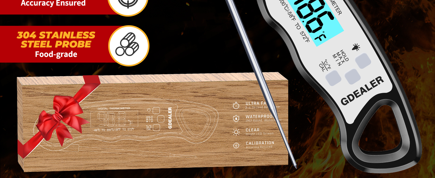 GDEALER Meat Thermometer Digital Instant Read Food Thermometer Waterproof Ultra-Fast for Grill Cooking Kitchen with Backlight & Calibration