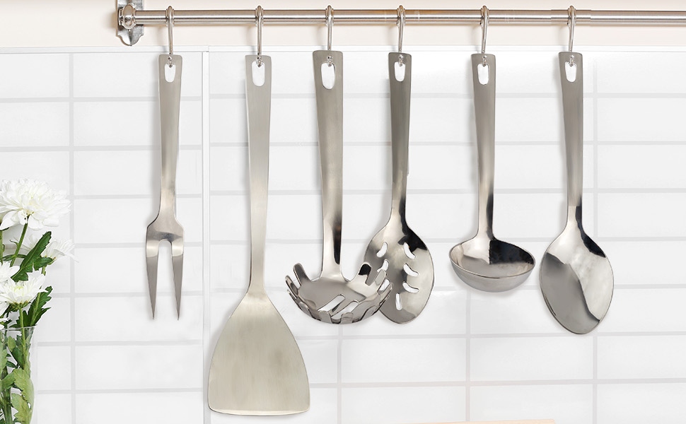 Darware Complete Serving Set (6-Piece, Silver); w/Pasta Server, Fork, Slotted Spoon, Ladle, & Cake/Casserole Server