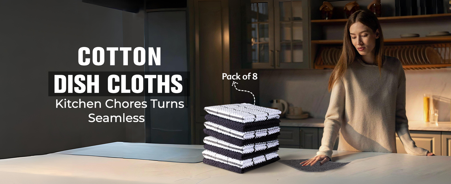 AMOUR INFINI Cotton Kitchen Dish Cloths Set of 8 – Highly Absorbent, Super Soft Premium Terry Cleaning Cloth (12