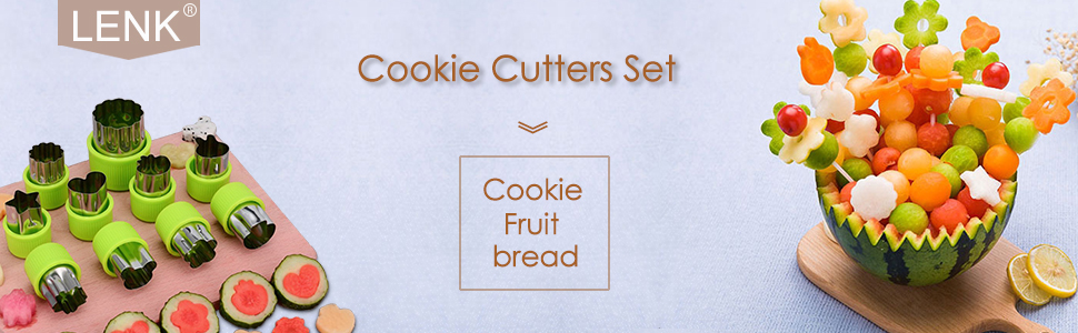 Cookie Cutter Sets for Kids, LetGoShop 12 Shapes Biscuit Cutters Baking Mold with Safty Handle and 10 Cartoon Food Fork, Stainless Steel Mini Vegetables and Fruits Cutters for Kids Lunch