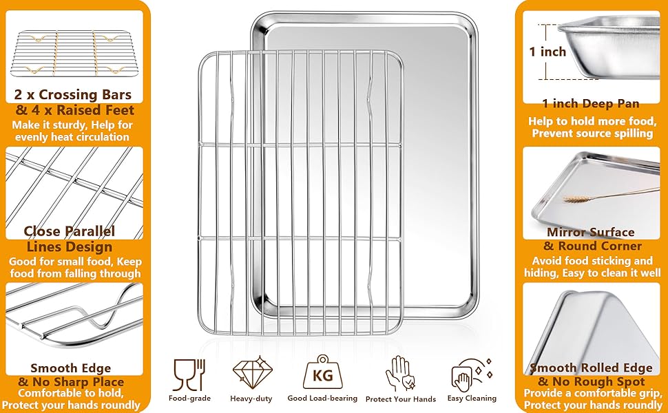 P&P CHEF 10.4 Inch Baking Sheet Pan with Rack Set, Stainless Steel Cookie Sheet Pan Tray with Cooling Rack for Oven Use, Cooking Roasting, Non Toxic & Dishwasher Safe, Heavy Duty