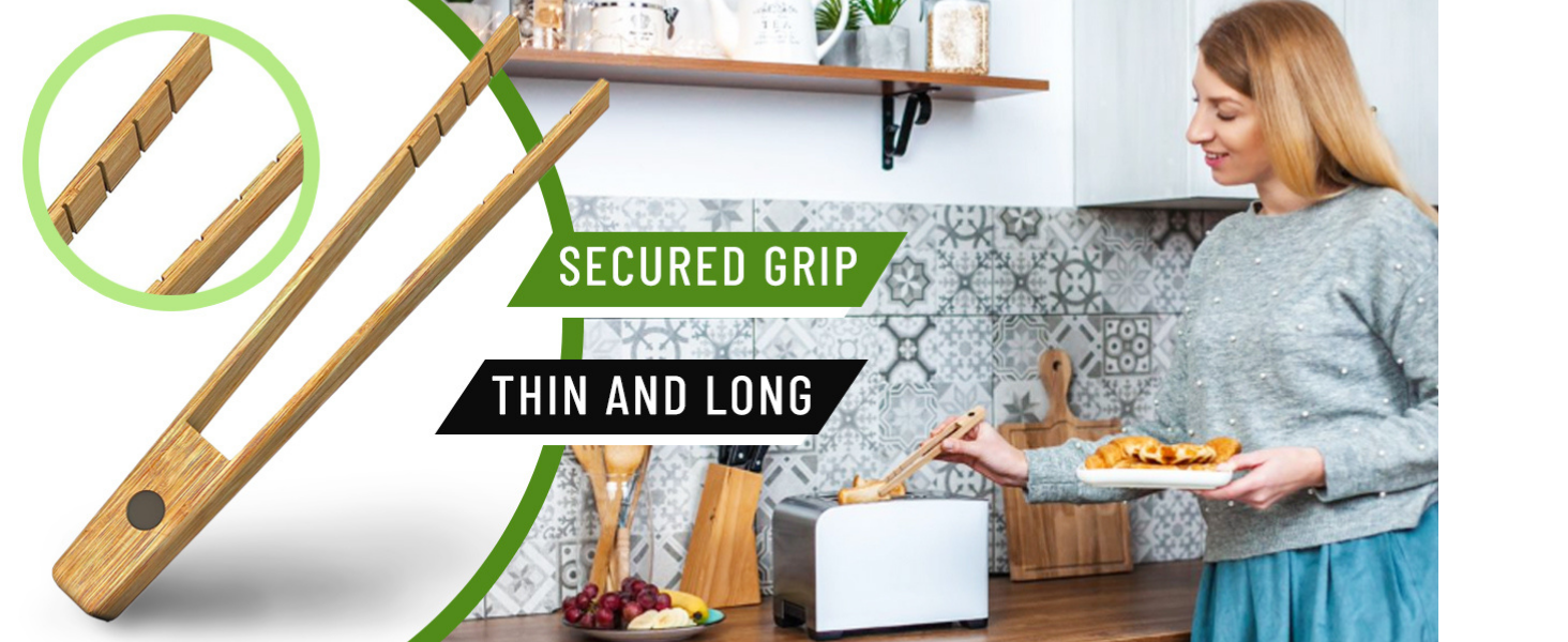 Toaster Tongs With Magnet | Kitchen Utensils For Cooking and Holding Toast Bacon Muffin Bagel Bread | 8 Inch Long Natural Non Toxic Bamboo