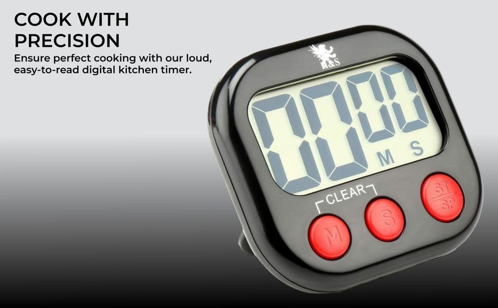 H&S Digital Kitchen Timer - Magnetic Cooking Timer with Large LCD Digits Display & Loud Alarm - Black - Countdown Clock for Kids Classroom - AAA Battery Included - Kitchen Timers for Cooking