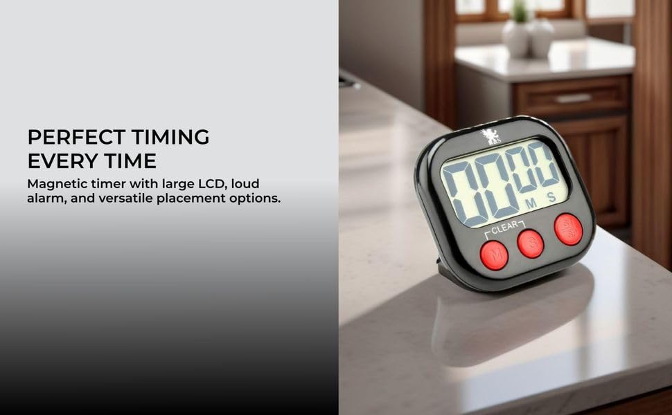 H&S Digital Kitchen Timer - Magnetic Cooking Timer with Large LCD Digits Display & Loud Alarm - Black - Countdown Clock for Kids Classroom - AAA Battery Included - Kitchen Timers for Cooking
