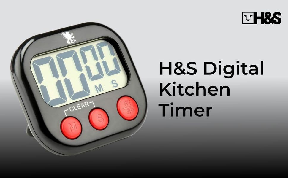 H&S Digital Kitchen Timer - Magnetic Cooking Timer with Large LCD Digits Display & Loud Alarm - Black - Countdown Clock for Kids Classroom - AAA Battery Included - Kitchen Timers for Cooking