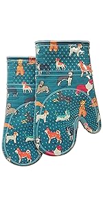 Oven Mitts Set of 2 with Transparent Clear Silicone Shell and Nice Dog Printing Cotton Lining, Heat Resistant to 500 F Kitchen Oven Gloves Pot Holder for Cooking (Blue)